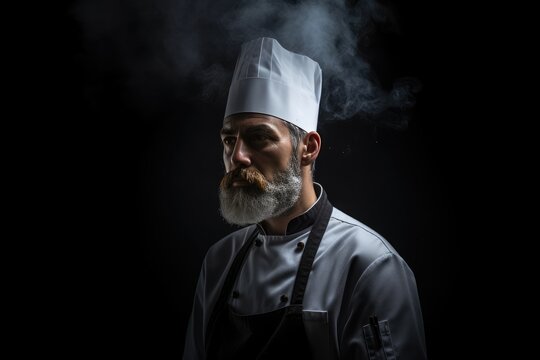 Master chef standing tall in the darkness, captured in a mesmerizing photograph against a dark background. Generative AI