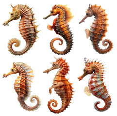 collection of six seahorses on a transparent background, Generative AI