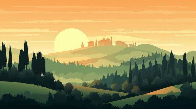 Vector illustration of Italian countryside background. Generative AI image