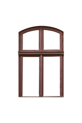 19th century dark-brown arched wooden window isolated on transparent background.