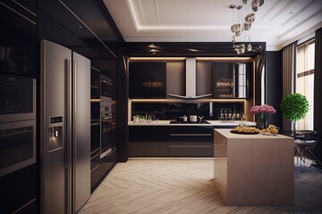 Modern new light interior of kitchen with furniture and dining table. Amazing Luxury Kitchen Interior with wooden floor and kitchen island. Generative Ai.