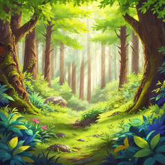 Fototapeta na wymiar Kid's story book style illustration of fairy tale forest background image created with generative AI technology