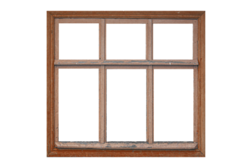 Old big brown wooden window frame with six sashes isolated on transparent background.
