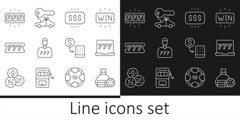 Set line Money bag, Laptop and slot machine, prize casino, Lucky player, Lottery ticket, Slot with jackpot, Casino chips exchange and Car gift icon. Vector