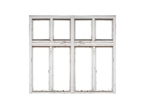 White wooden window with four sashes isolated on transparent background
