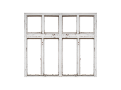 White wooden window with four sashes isolated on transparent background