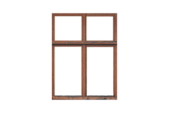 Old brown wooden window frame with four sashes isolated on transparent background.