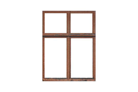 Old brown wooden window frame with four sashes isolated on transparent background.