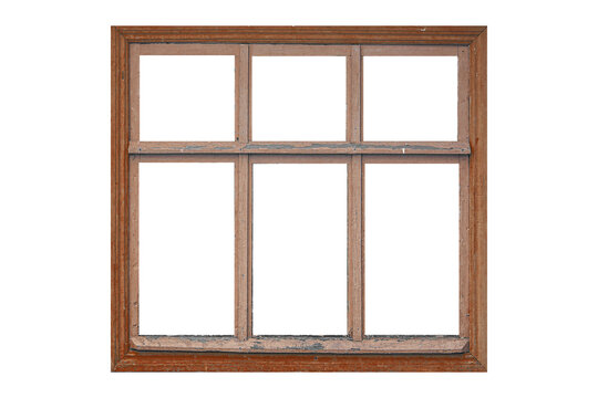 Old big brown wooden window frame with six sashes isolated on transparent background.