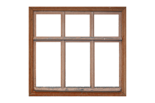 Old big brown wooden window frame with six sashes isolated on transparent background.