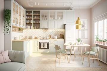 Modern new light interior of kitchen with furniture and dining table. Amazing Luxury Kitchen Interior with wooden floor and kitchen island. Generative Ai.