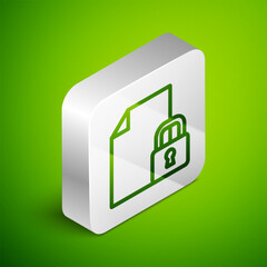 Isometric line Document and lock icon isolated on green background. File format and padlock. Security, safety, protection concept. Silver square button. Vector