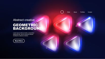 Abstract background landing page, glass geometric shapes with glowing neon light reflections, energy effect concept on glossy forms