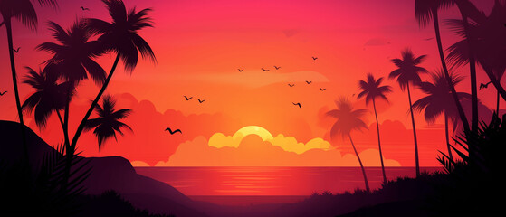 Obraz premium Vector background of summer tropical sunset. Generative AI image