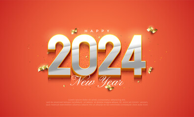 Happy new year 2024 with silver metallic numerals on orange background. Premium vector design for banner, poster, social post and happy new year greeting.