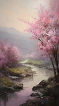 Pink sakura flowers in a panoramic landscape, wallpaper. Generative AI image