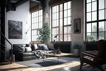 Modern and luxury minimalist interior of living room. Modern cozy living room with a picture on the wall. a living room with a round window in the corner. Generative Ai