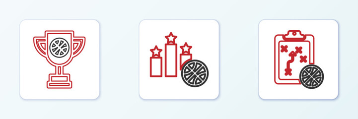 Set line Sports winner podium, Award cup with basketball ball and Basketball on sport calendar icon. Vector