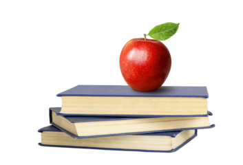 Books and an apple isolated on white or transparent background