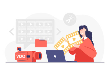 Young woman editing digital movie on laptop vector