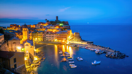 Colorful cityscape of buildings over Mediterranean sea, Europe, Cinque Terre in Italy