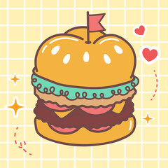 Kawaii food cartoon of beef burger vector icon of cute japanese doodle style for kid product, sticker, shirt on yellow background flat illustration