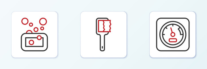 Set line Sauna thermometer, Bar of soap and brush icon. Vector