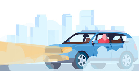 Car slowly drives down road in heavy fog with headlights on. Sedan automobile with bright lights urban landscape. Auto with glowing xenon lamps cartoon flat style isolated vector concept
