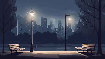 Vector illustration of bench and street light in city park at night. Generative AI image