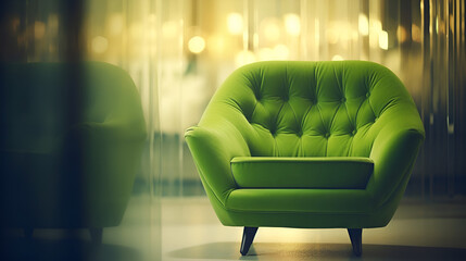 Green chair with soft lighting showing design elements with smooth background. Business furniture.