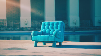 Blue chair with soft lighting showing design elements with smooth background. Business furniture.