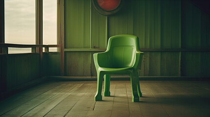 Green chair with soft lighting showing design elements with smooth background. Business furniture.