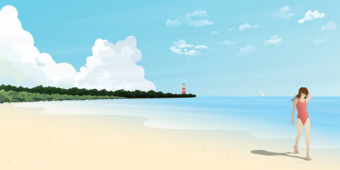 Seascape with woman walking on the beach vector illustration have blank space at the sky. Seaside landscape with tourist, ocean coast, lighthouse and yacht flat design.