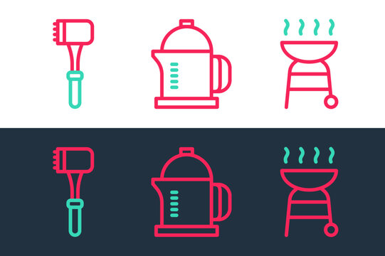 Set line Barbecue grill, Kitchen hammer and French press icon. Vector