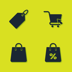 Set Label template price tag, Shopping bag with percent, Handbag and cart cursor icon. Vector