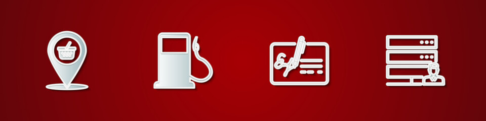 Set Location shopping basket, Petrol or Gas station, Signed document and Customer care server icon. Vector