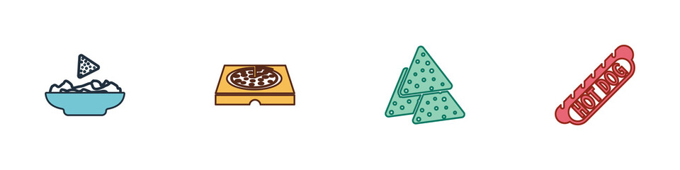 Set Nachos in plate, Pizza cardboard box, and Hotdog sandwich icon. Vector