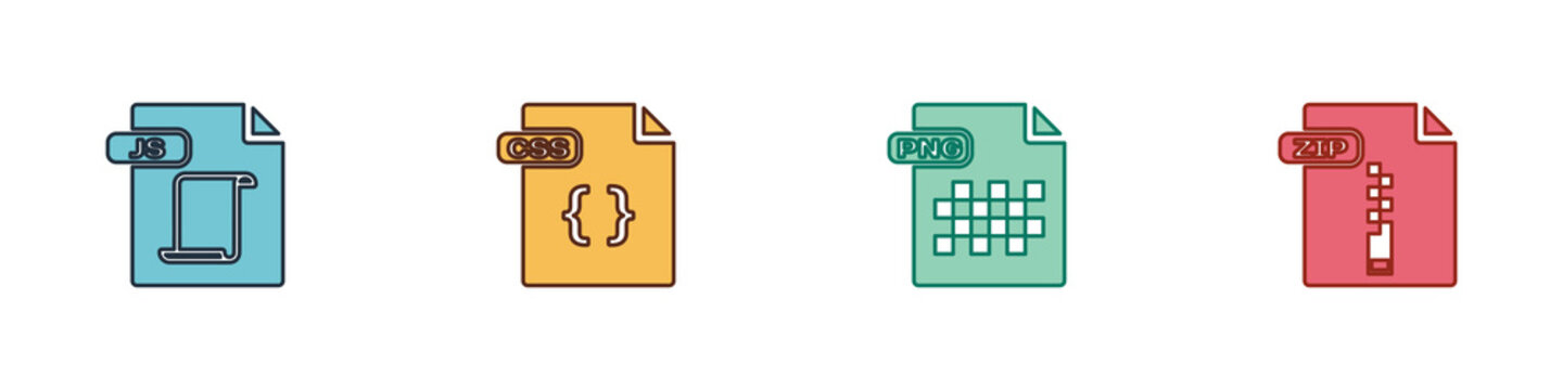 Set JS file document, CSS, PNG and ZIP icon. Vector
