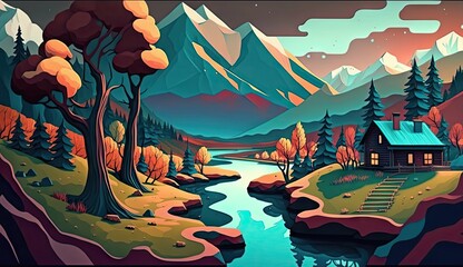Cartoon landscape, a house on top of a hill, mountains in background, river and tall trees, created with Generative AI