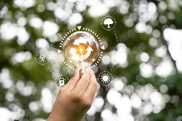 idea solar energy in nature, hand holding light bulb concept.