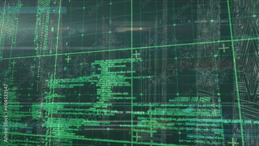 Poster animation of circuit board and data processing over grid