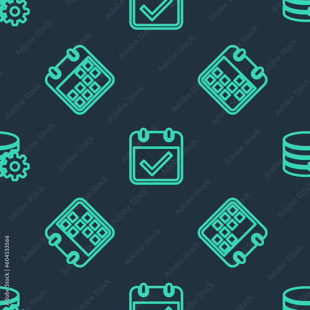 Poster set line calendar with check mark, and setting database server on seamless pattern. vector