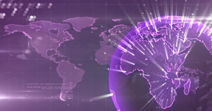 Animation of light trails over spinning globe, data processing and world map on purple background