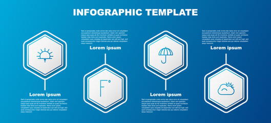 Set line Sunrise, Fahrenheit, Umbrella and and cloud. Business infographic template. Vector