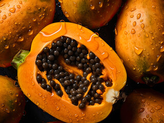 The papaya fruits in a wooden pot and a straw basket and rustic fabric at the background  - obrazy, fototapety, plakaty
