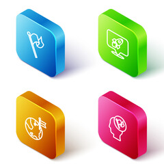 Set Isometric line Flag, Rocket ship, Planet with flag and Hand holding icon. Vector