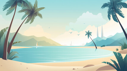 Fototapeta na wymiar Vector background with tropical oasis with palm trees and sea. Generative AI image