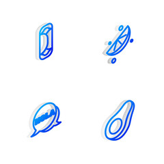 Set Isometric line Sliced lime, Burrito, Hola and Avocado fruit icon. Vector