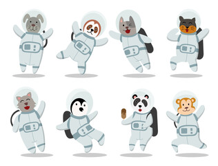 Set of cute cartoon animal in astronaut costume vector