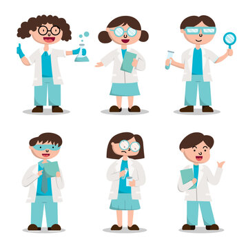 Set of man and woman in research laboratory staff vector.